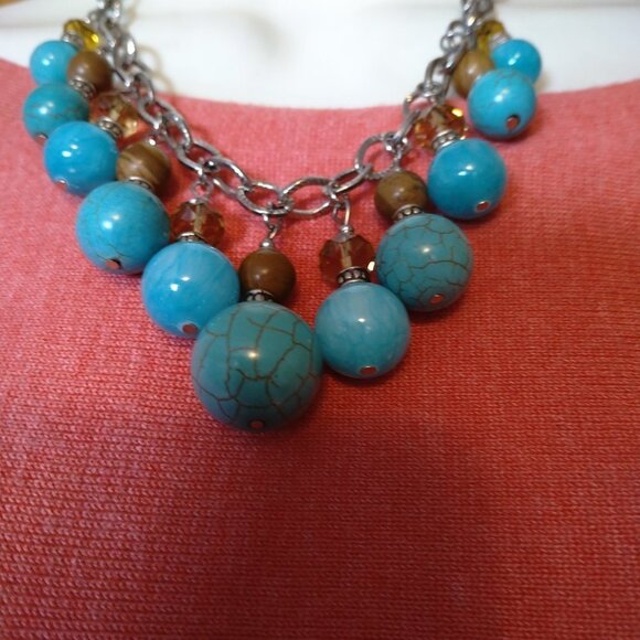 CHUNKY BEADED FAUX TURQUOISE FACETED PRINCESS NECKLACE SILVER TONE CHAIN J10 - Picture 5 of 7